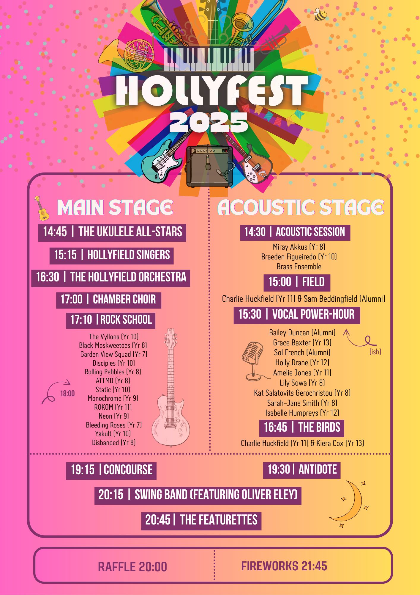 The running order for the acts at Hollyfest 2025.